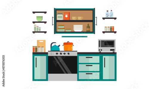 Home kitchenware, food and devices in color vector flat illustration
