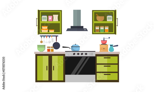 Home kitchenware, food and devices in color vector flat illustration