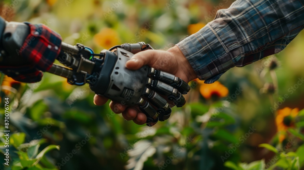 Fototapeta premium Male robot and farmer human holding hands with handshake. Deep machine learning with artificial intelligence technology. Background of business