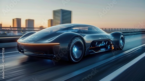 Autonomous Futuristic EV Luxury Sports Car Speeding on Highway for Transportation Concepts - Wide Banner with Copy Space