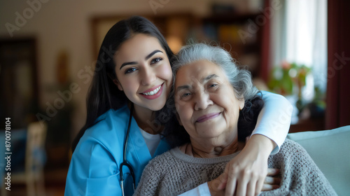 Hispanic young home health care aide giving embrace to elderly patient, Senior healthcare concept, copy space