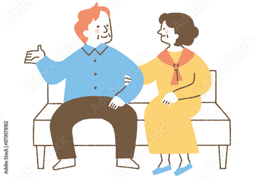 Elderly man and woman talking on bench_Color