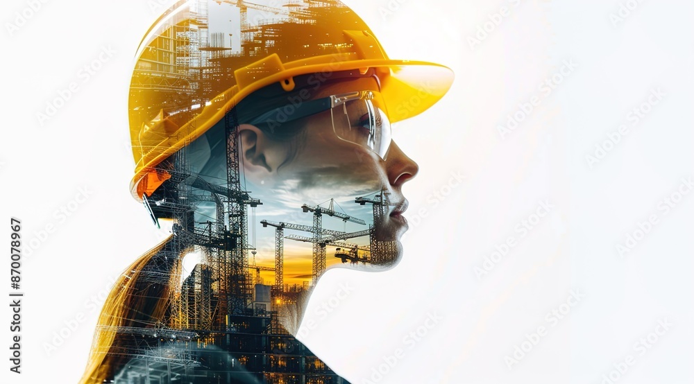 A portrait of a young female construction worker wearing a safety helmet, with city buildings under construction visible in the background on a white backdrop with space for text. A portrait of a young female construction worker wearing a safety helmet, with city buildings under construction visible in the background on a white backdrop with space for text.