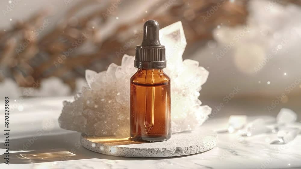 brown glass bottle of essential oil on crystal stone and morning light, beauty skincare product concept brown glass bottle of essential oil on crystal stone and morning light, beauty skincare product concept