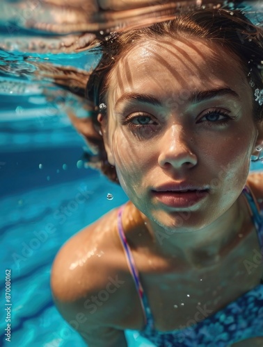 Woman swimming underwater in pool