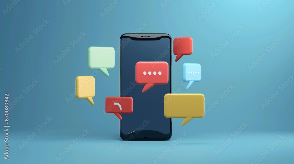 Speech bubbles on mobile phone with alert notice. Comment or user reply sign, social chat sign and speech bubbles on modern smart phone screen Speech bubbles on mobile phone with alert notice. Comment or user reply sign, social chat sign and speech bubbles on modern smart phone screen