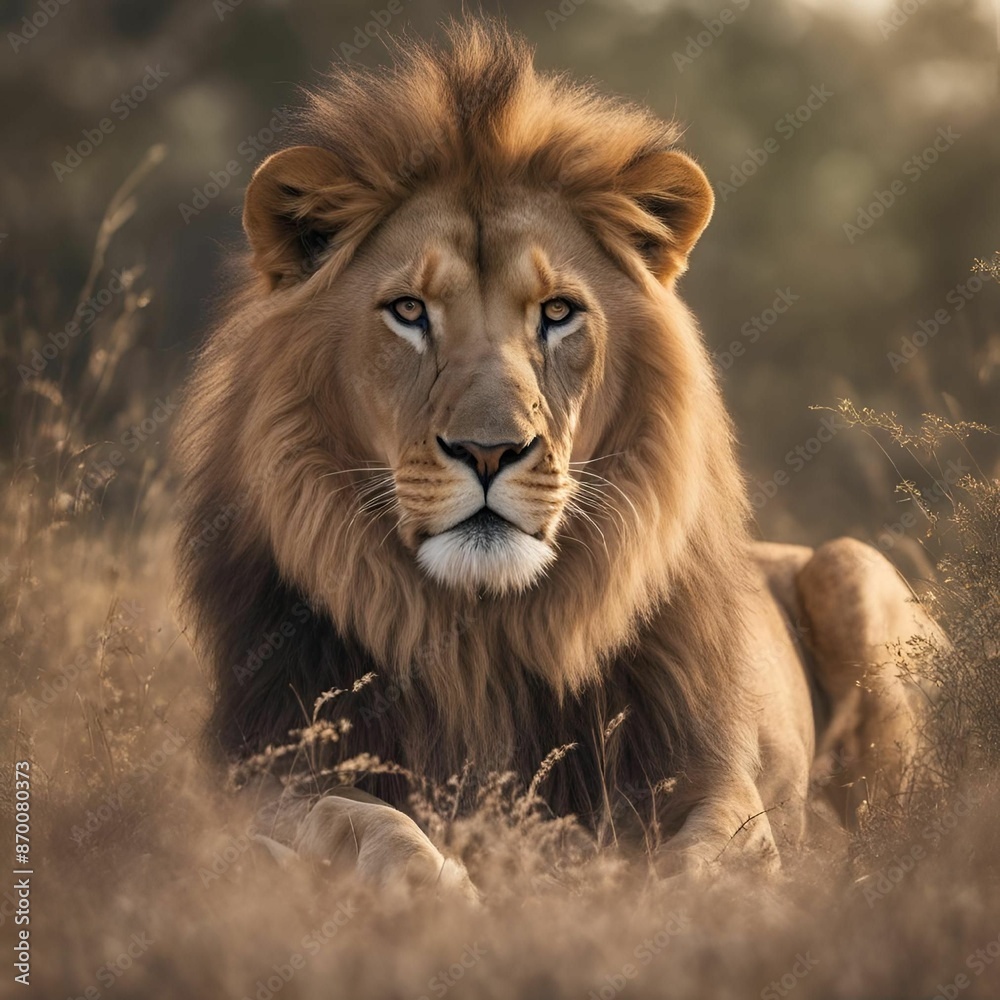 AI illustration of a majestic lion resting in the savannah with a soft focus background AI illustration of a majestic lion resting in the savannah with a soft focus background
