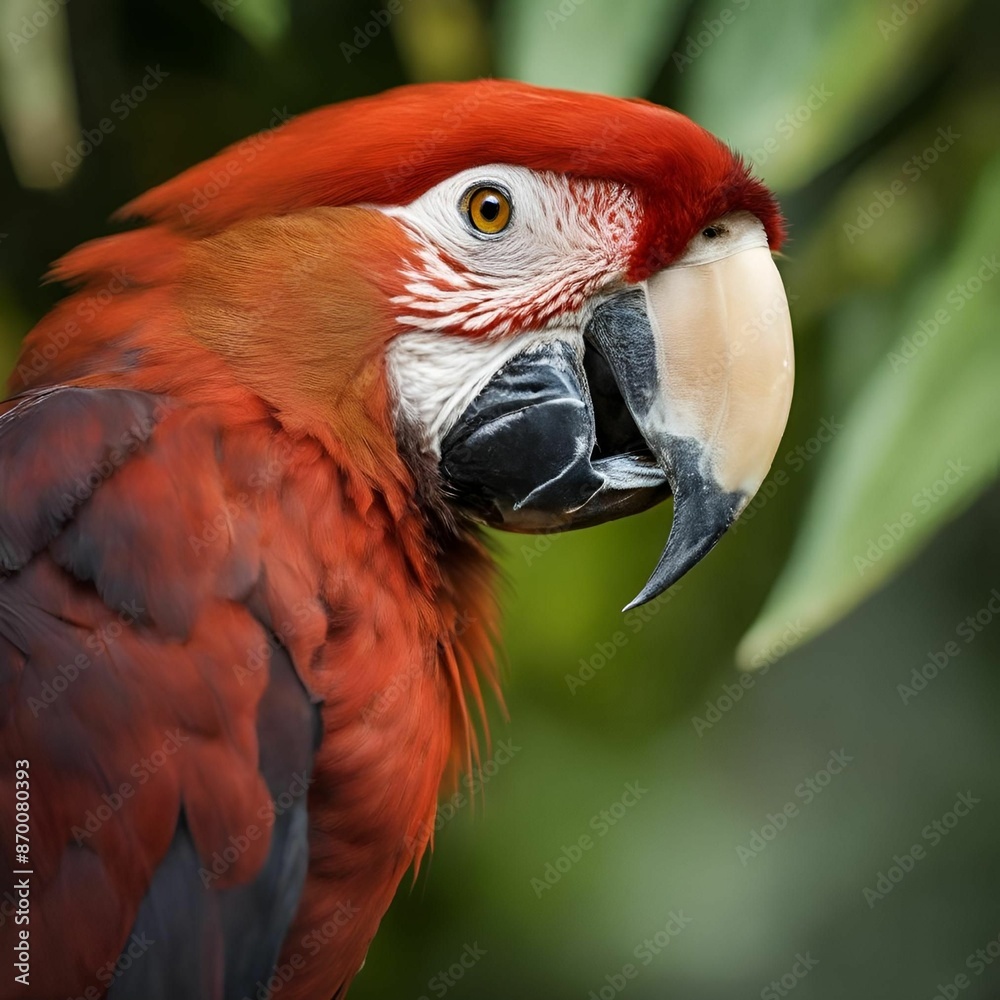 Fototapeta premium AI illustration of a vibrant red macaw parrot with a green blurred background