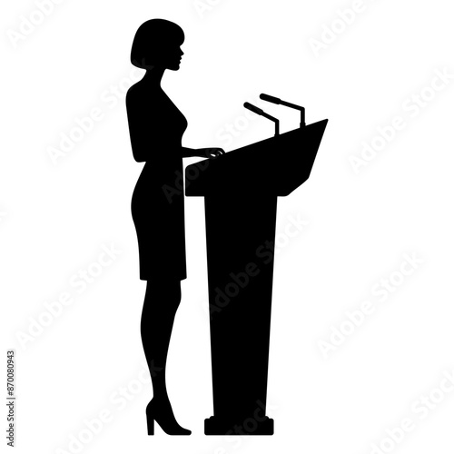 Silhouette of a woman giving a conference speech at a podium