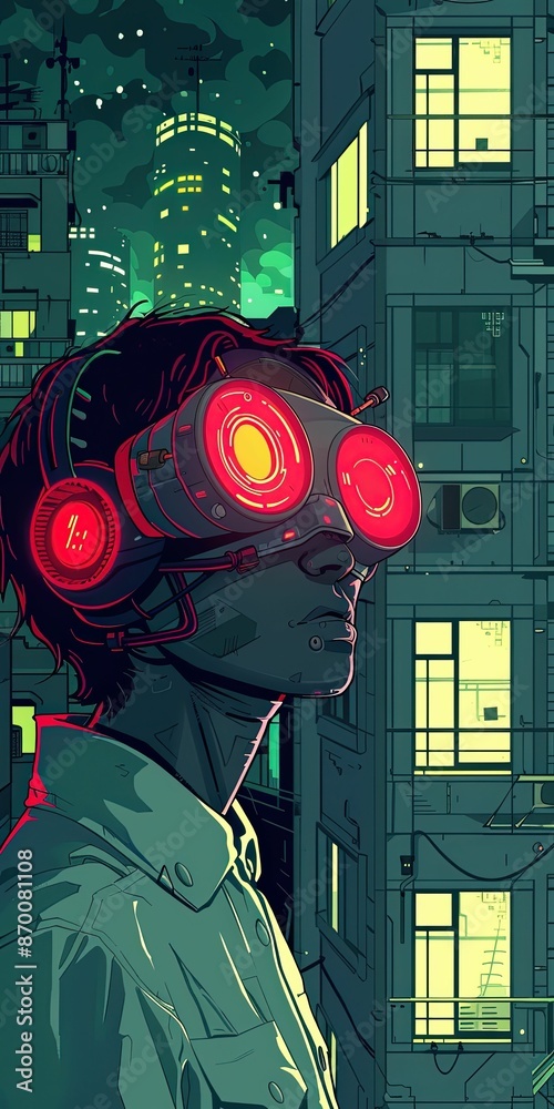 Φωτογραφία AI-generated illustration of a person wearing futuristic goggles in a cyberpunk cityscape at night