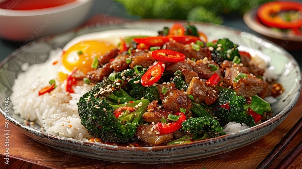 A delectable plate of stir-fried broccoli and mimosa vegetables with crispy pork, bird's eye chilli, and oyster sauce, served over rice with a fried egg, illustration background A delectable plate of stir-fried broccoli and mimosa vegetables with crispy pork, bird's eye chilli, and oyster sauce, served over rice with a fried egg, illustration background