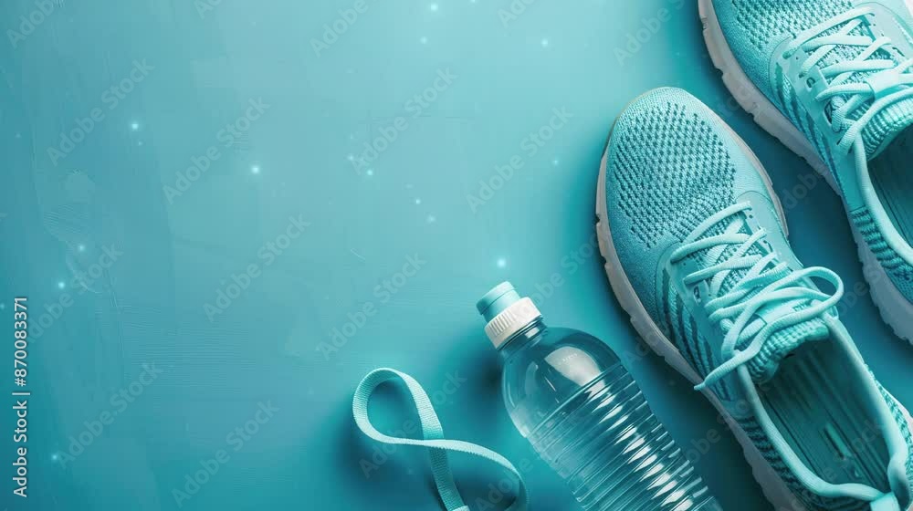 Running accessories sneakers water bottle on clean blue background. Copy space for text. World Running Day. Global Running Day.