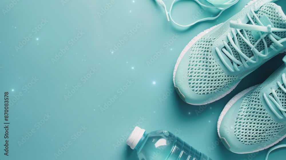 Running accessories sneakers water bottle on clean blue background. Copy space for text. World Running Day. Global Running Day.