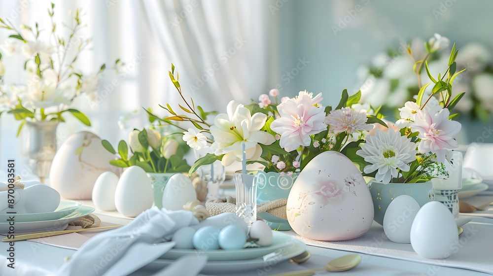 3D render of Elegant Easter table setting with pastel-colored decorations and flowers, Photo stock style, clean background, no copyrighted logo, no letters