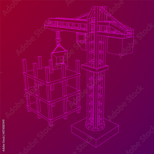 Construction crane tower. Building under construction industrial concept. Wireframe low poly mesh vector illustration.