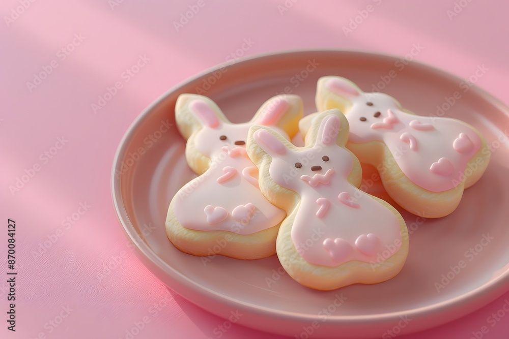 3D render of Bunny-shaped cookies on a pastel-colored plate, Photo stock style, clean background, no copyrighted logo, no letters 3D render of Bunny-shaped cookies on a pastel-colored plate, Photo stock style, clean background, no copyrighted logo, no letters