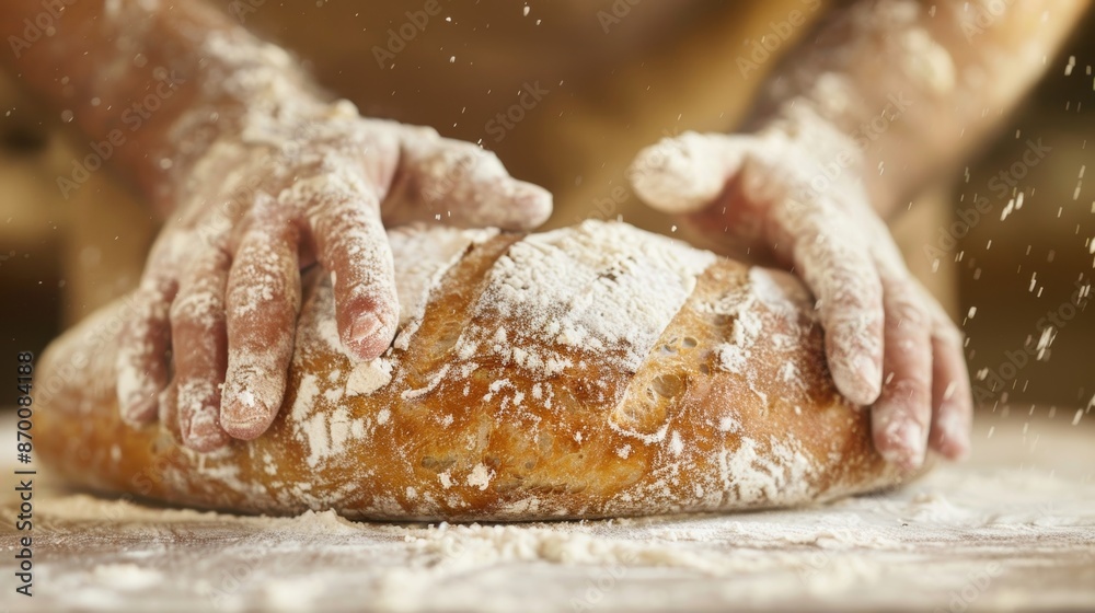 A bakers hands dusted with buckwheat flour expertly shaping a loaf of bread on a floured surface. A bakers hands dusted with buckwheat flour expertly shaping a loaf of bread on a floured surface.