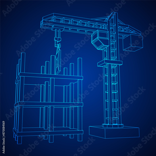 Construction crane tower. Building under construction industrial concept. Wireframe low poly mesh vector illustration.