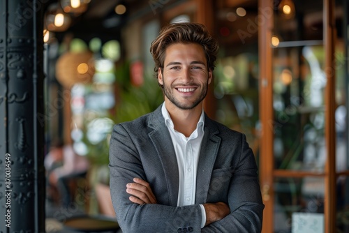 Confident Young Man Standing Outside a Coffee Shop