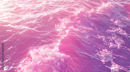 Closeup of pink transparent clear calm water surface texture with splashes and bubbles. Trendy abstract summer nature background. Coral colored waves in sunlight. Copy space