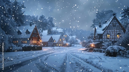 Serene winter village with softly falling snow and glowing windows, Winter charm, Cozy ambiance