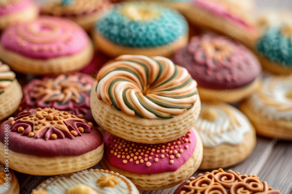 Delicious Eid al-Adha Cookies with Intricate Designs, Close-Up of Festive Treats Delicious Eid al-Adha Cookies with Intricate Designs, Close-Up of Festive Treats