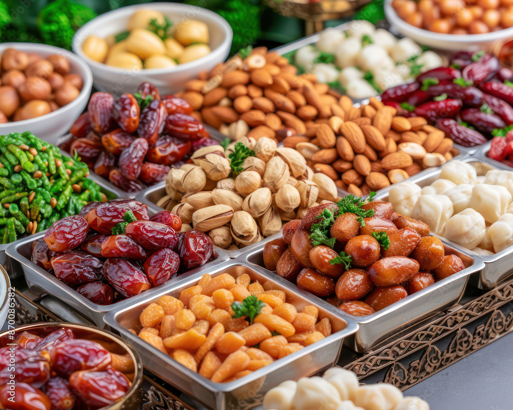 Delicious Eid al-Adha Feast Close-Up of Dates, Nuts, and Sweets on a Festive Table Enjoy Traditional Snacks and Treats for the Celebration of Sacrifice Delicious Eid al-Adha Feast Close-Up of Dates, Nuts, and Sweets on a Festive Table Enjoy Traditional Snacks and Treats for the Celebration of Sacrifice