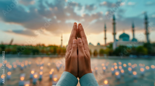 Eid al-Adha Celebration People Release Lanterns into the Sky as a Symbolic Gesture of Hope and Prayer, A Beautiful Tradition Observed Worldwide photo