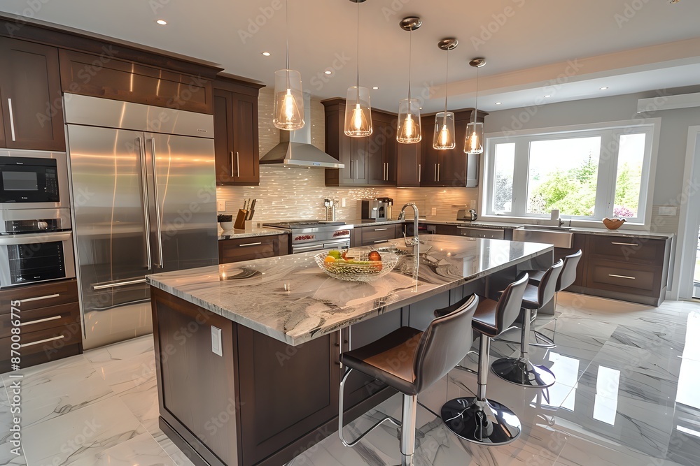 Modern kitchen with stainless steel appliances, dark wood cabinets, and a large island with marble countertop. Concept of home renovation, luxury living, and interior design. Modern kitchen with stainless steel appliances, dark wood cabinets, and a large island with marble countertop. Concept of home renovation, luxury living, and interior design.