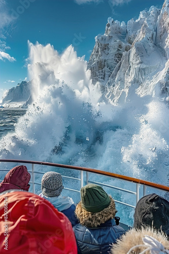 Tourists on boat witnessing iceberg calving, natural phenomenon in arctic waters.