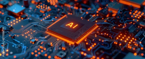AI Processor Chip on a Circuit Board With Orange Lights