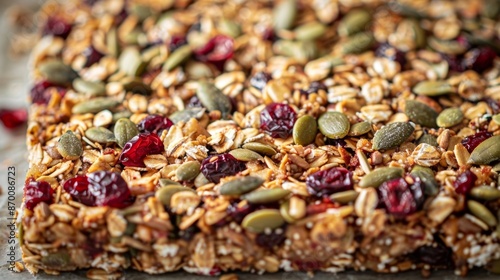A closeup of a homemade granola bar studded with crunchy buckwheat groats dried cranberries and pumpkin seeds ready for a postworkout snack.
