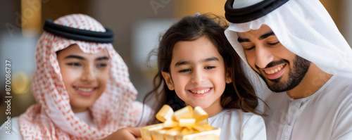 Happy Eid al-Adha Celebration with Family Exchanging Gifts and Smiles, Joyful Giving, Festive Traditions photo