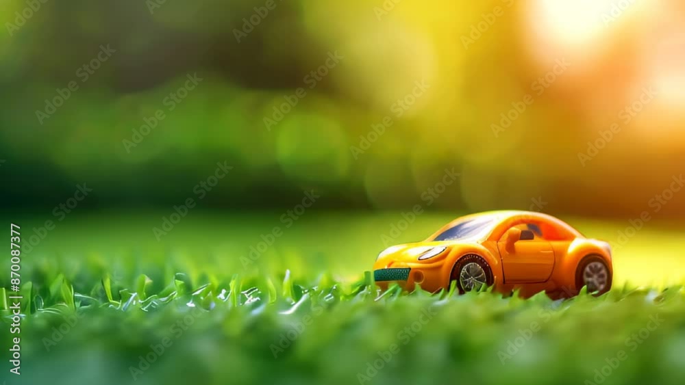 Orange toy car on green grass in sunlight Orange toy car on green grass in sunlight