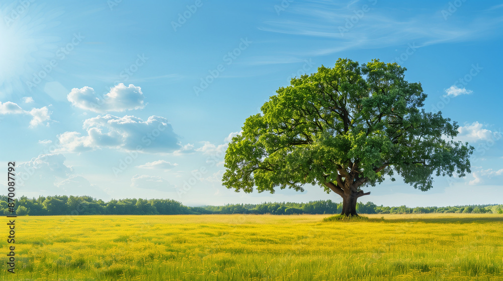 Fototapeta premium Green field, tree and blue sky. Great as a background, web banner