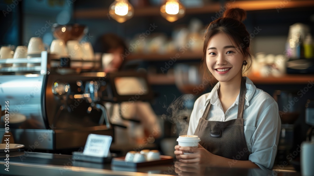 Barista holding coffee to-go cup. Barista holding a to-go coffee cup, standing in a stylish coffee shop with an espresso machine and coffee accessories in the background. Barista holding coffee to-go cup. Barista holding a to-go coffee cup, standing in a stylish coffee shop with an espresso machine and coffee accessories in the background.