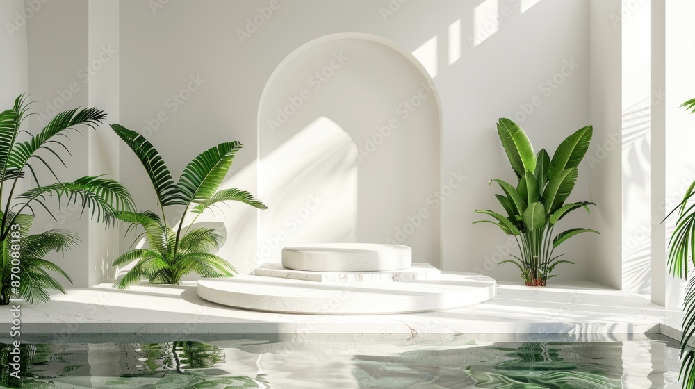 Modern podium with surrounded palm leaves and water, white wall, soft daylight, minimal design, 3D rendering, illustration background