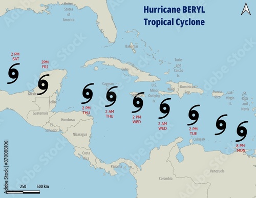 Fototapeta Naklejka Na Ścianę i Meble -  Mapa de la Trayectoria del Huracán Beryl (Cyclone Beryl)