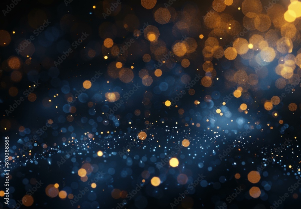 Glowing blue and gold particles floating in a dark blue background. AI. Glowing blue and gold particles floating in a dark blue background. AI.