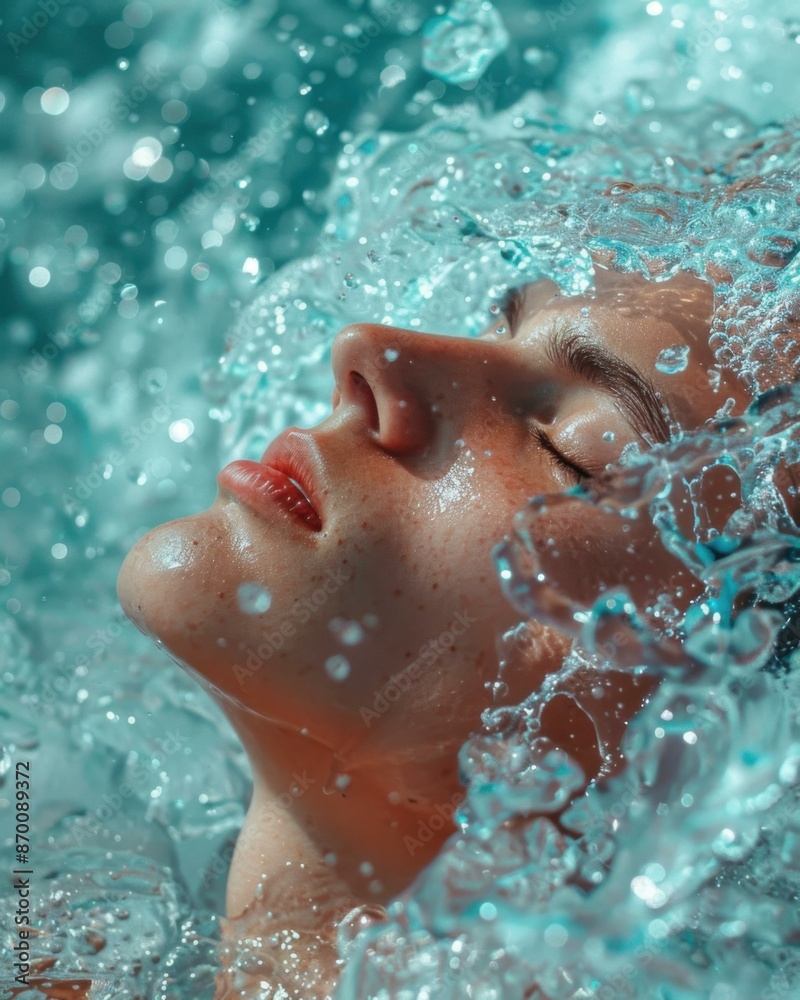 Fototapeta premium A woman's face is submerged in water, with her eyes closed and mouth slightly open. AI.