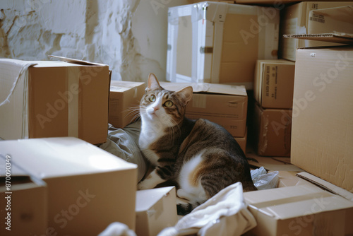 Cat Playing with Packing Materials Among Boxes photo