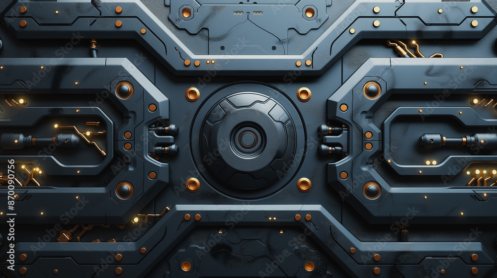 Fototapeta premium Symmetrical design, abstract steel pattern background, high-tech metallic aesthetic, intricate details