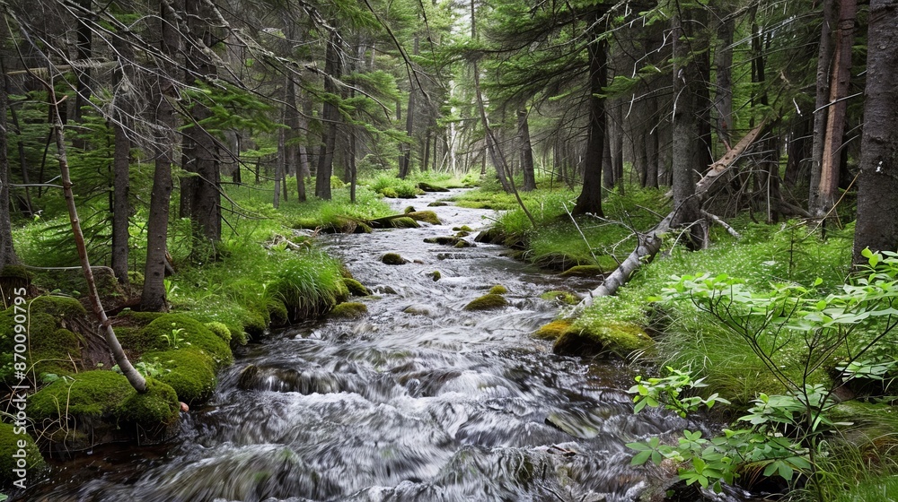 A babbling brook winds through the forest, its clear, sparkling water a refreshing reminder of purity. A babbling brook winds through the forest, its clear, sparkling water a refreshing reminder of purity.