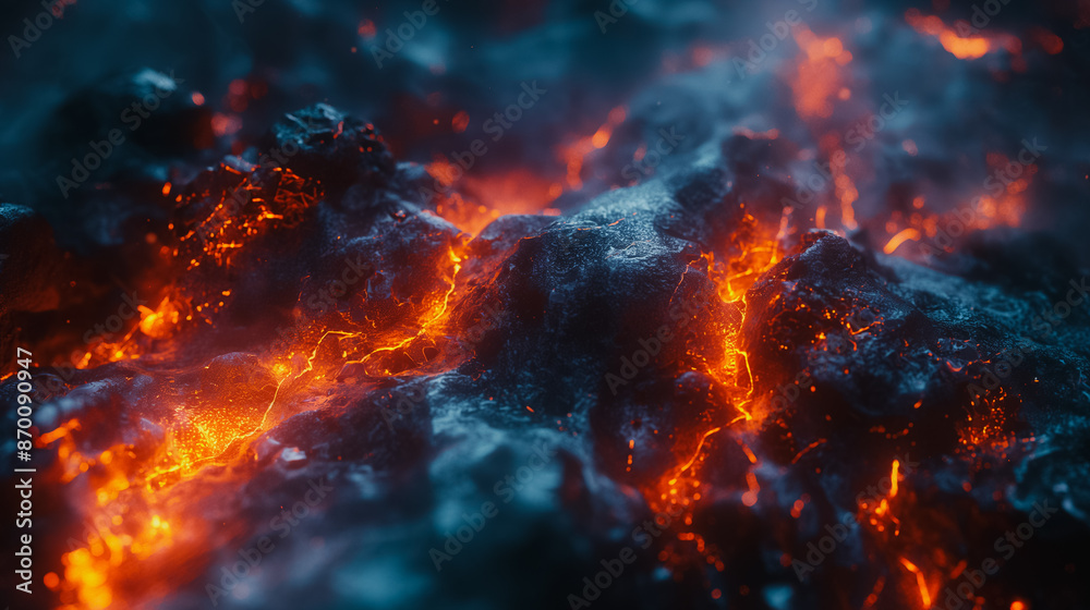 Abstract background: molten lava flowing on a volcano's surface, with a close-up view of the molten lava and a glowing ember in the foreground. Abstract background: molten lava flowing on a volcano's surface, with a close-up view of the molten lava and a glowing ember in the foreground.