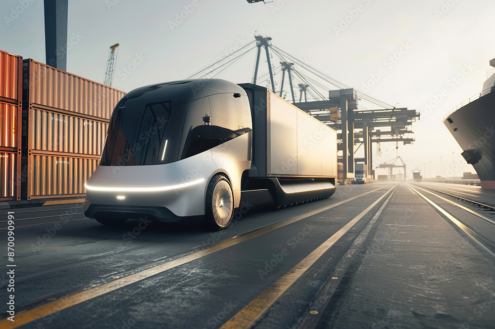 Electric truck transporting goods in a port, cranes and containers, logistics, clean environment. Electric truck transporting goods in a port, cranes and containers, logistics, clean environment.