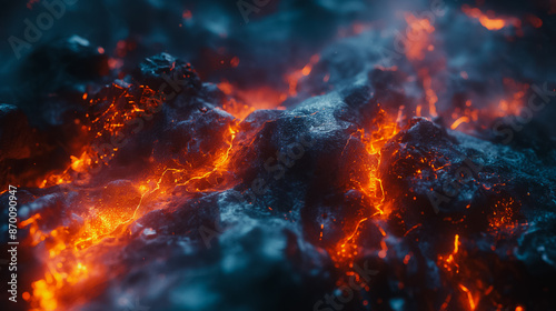 Abstract background  molten lava flowing on a volcano s surface  with a close-up view of the molten lava and a glowing ember in the foreground.
