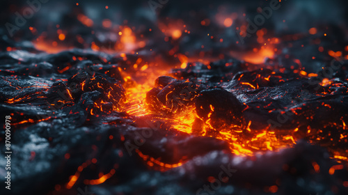 Abstract background: molten lava flowing on a volcano's surface, with a close-up view of the molten lava and a glowing ember in the foreground.