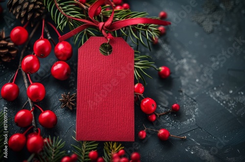 Red Christmas Tag With Holly and Eucalyptus on Dark Background
