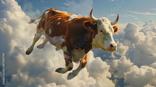 A super cow flying over clouds. © Berkah