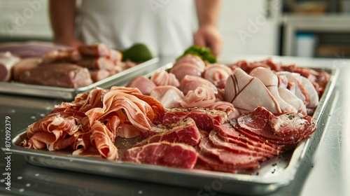 Assorted Raw Meats on Stainless Steel Platter for Culinary Presentation